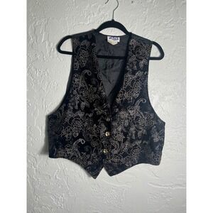 Laura Tyler Vintage Black Velvet Gold Metallic Floral Paisley Vest Large Womens
